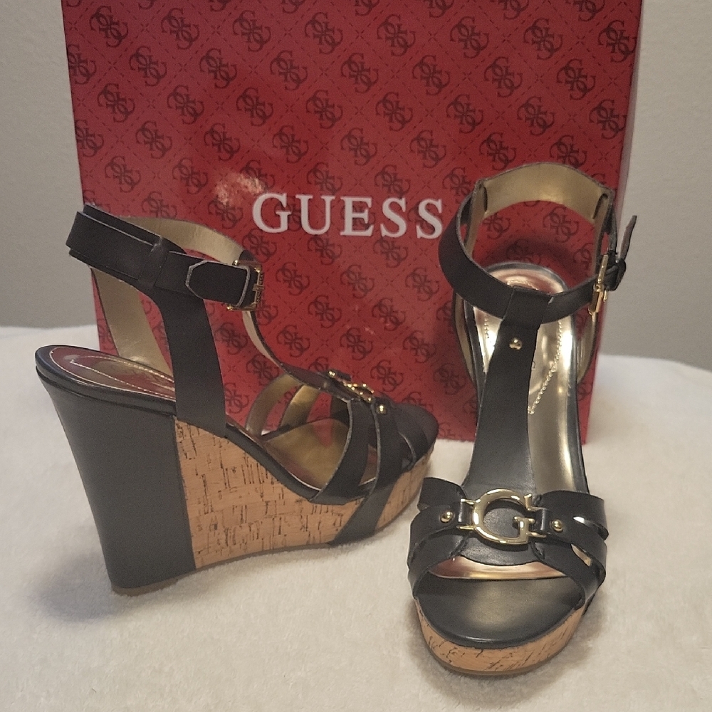 GUESS Black Wedge Sandals, NIB